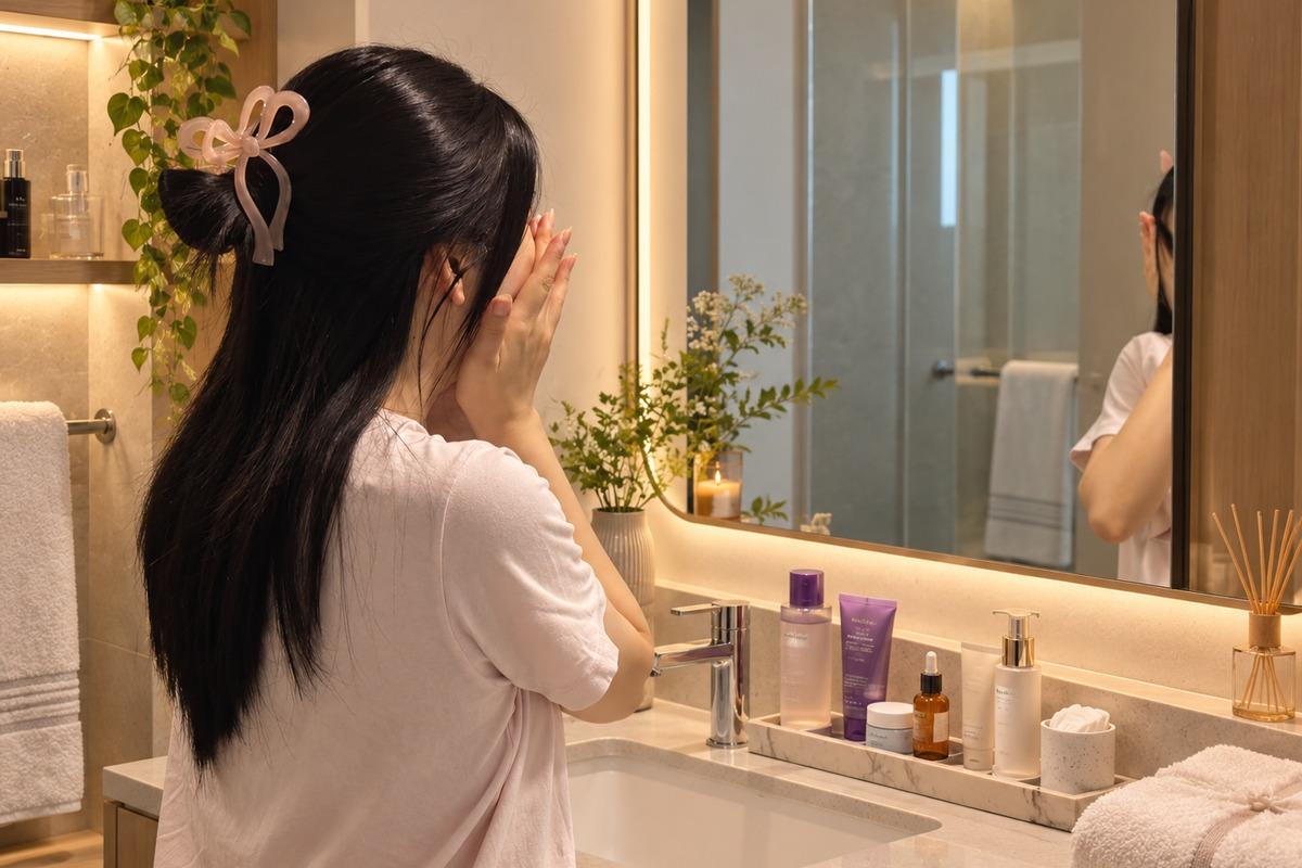 スキンケアクリームを頬になじませる女性