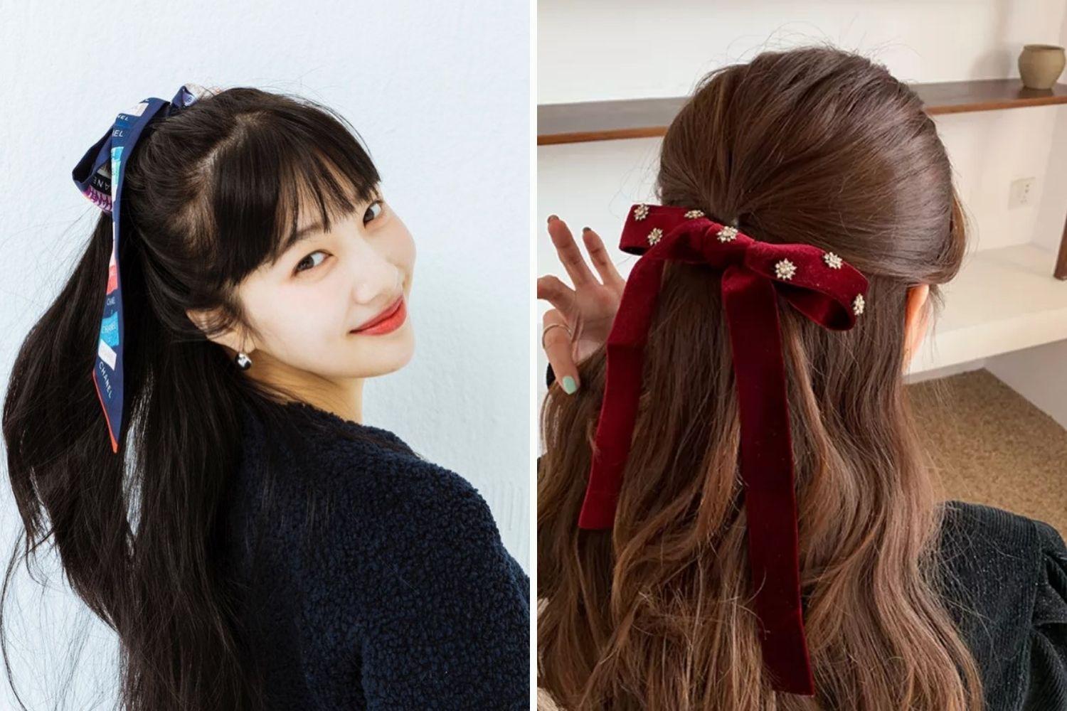 Hai phụ nữ trong kiểu tóc buộc nửa đầu với ruy băng. Một người dùng ruy băng màu xanh đậm với chữ trắng, người còn lại dùng ruy băng nhung đỏ với họa tiết nhỏ lấp lánh.