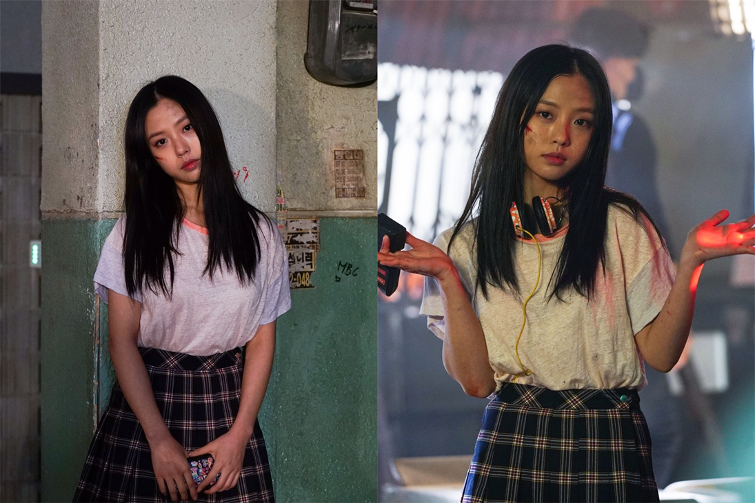 韓國劇集《Sweet Home》中的角色形象，女性穿著白色T恤和藍色格子裙