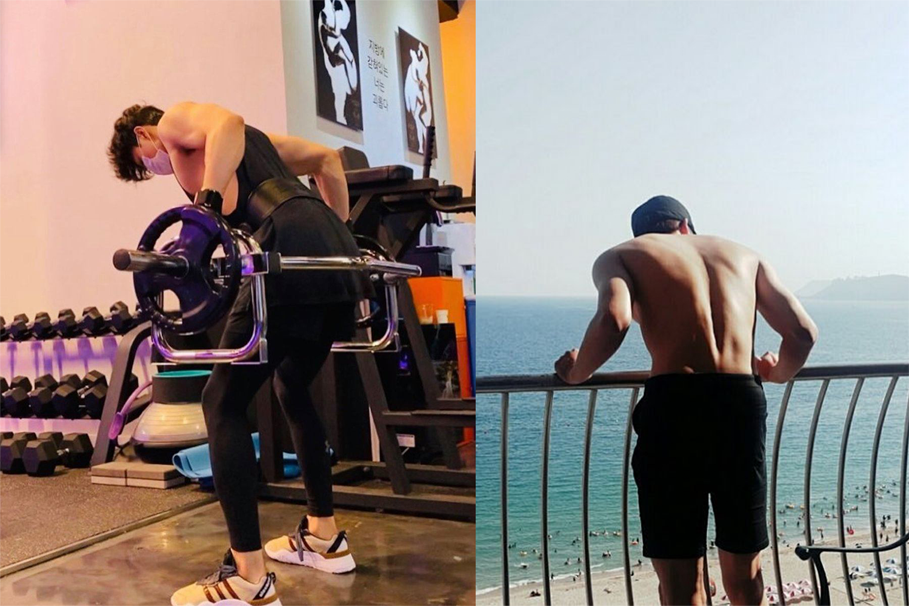 男性健身與在海邊的後背圖，背部肌肉發達，背景中有健身設施和海景