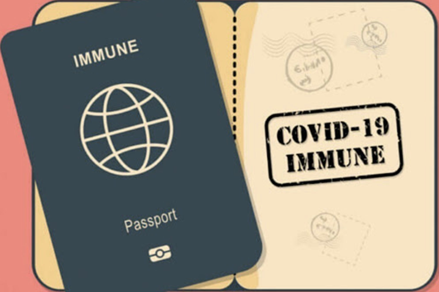 疫苗護照示意圖，展示了包含世界地圖的護照和 COVID-19 免疫印章，象徵著免隔離的國際旅行可能性。