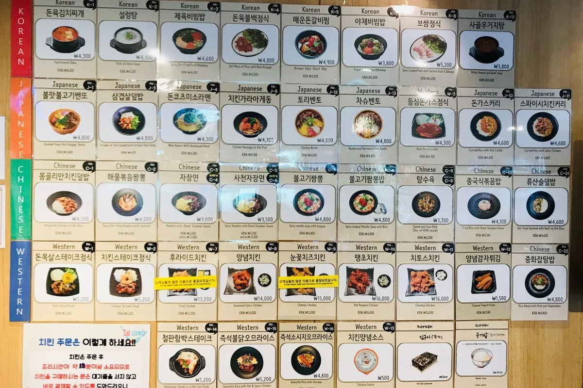 韓國大學餐廳的菜單展示，包括多種亞洲及西方菜色供選擇。