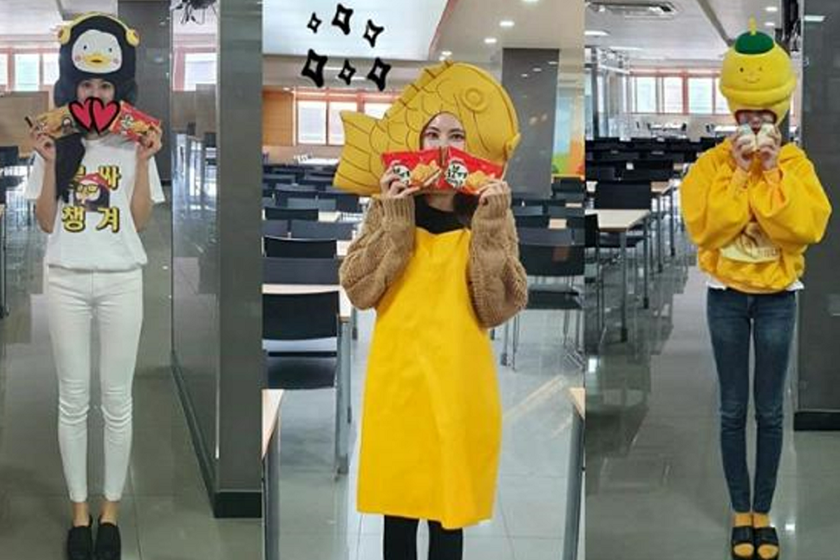 韓國學校的午餐時間，學生們吃著包含多種菜色的膳食。