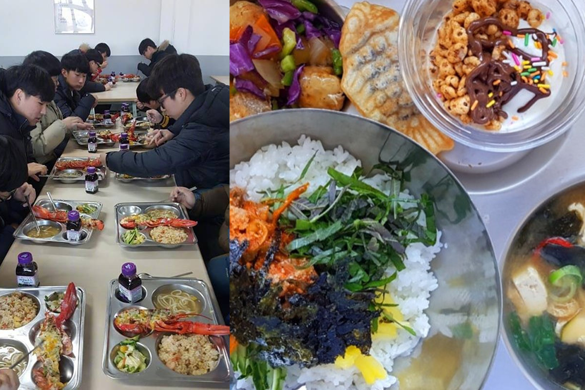 學生們在韓國學校中用餐，享用不同類型的營養午餐。