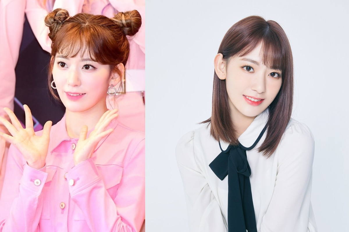 IZ*ONE成員宮脇咲良在粉紅色背景前的照片，展示可愛的雙年糕髮型和耳環。宮脇咲良是AKB48家族中極受歡迎的成員，並在《Produce 48》中引起廣泛關注。