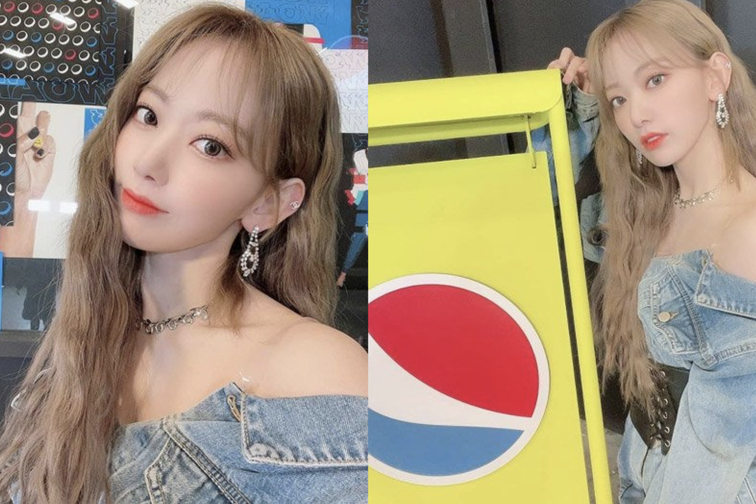 宮脇咲良展示其身穿丹寧外套及佩戴珠寶首飾，左側背景有繪畫和圖案裝飾的牆壁。