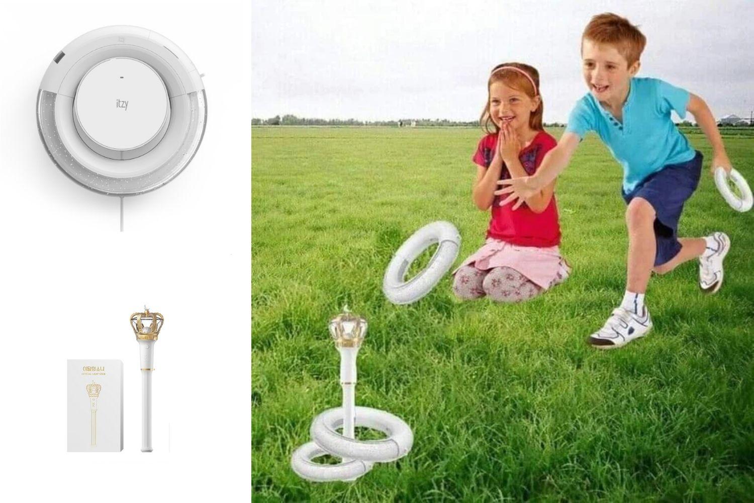 Trò chơi ném vòng kết hợp với Light Ring của ITZY và light stick của LOONA ở một bãi cỏ xanh.