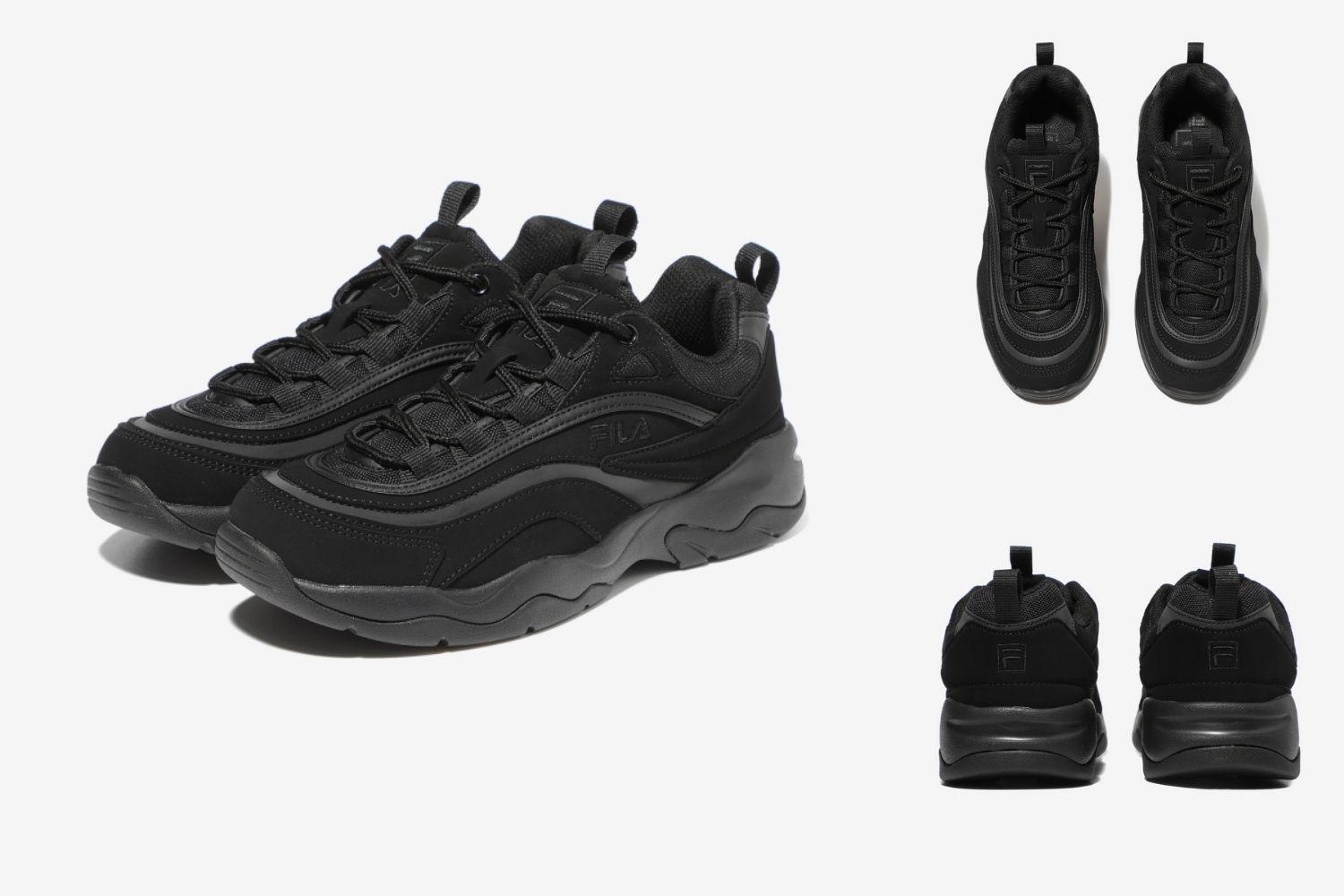 Giày FILA RAY màu đen hiển thị ba góc nhìn khác nhau, mang phong cách thể thao và dễ phối đồ.