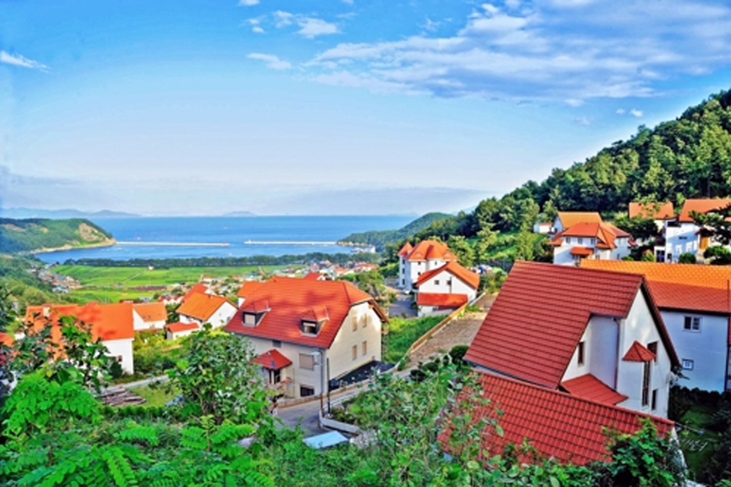 南海德國村，紅色屋頂的建築在藍天白雲下，遠眺大海的絕佳景觀。