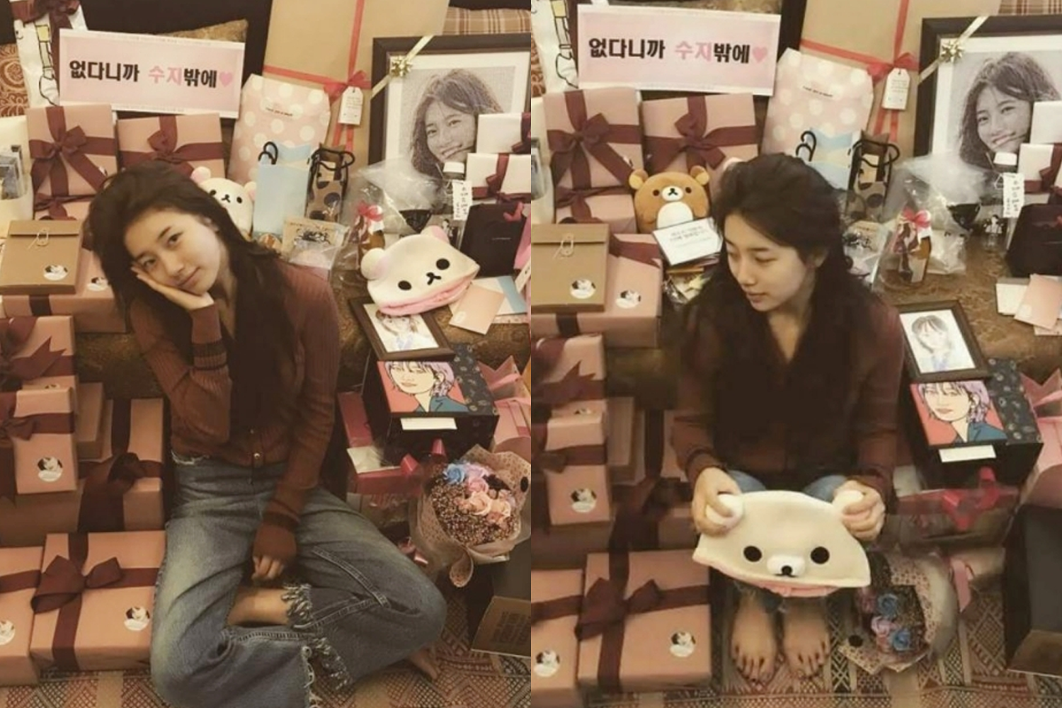 韓國女藝人收到粉絲應援禮物後，在一旁展示禮物，背景顯示出多個精美的禮物盒和支持的標語。