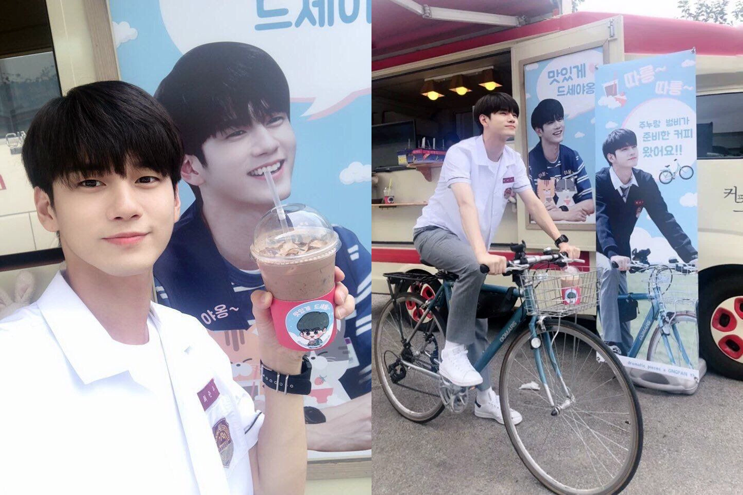 冰淇淋和咖啡於應援車販售，並左右放置著偶像的圖片