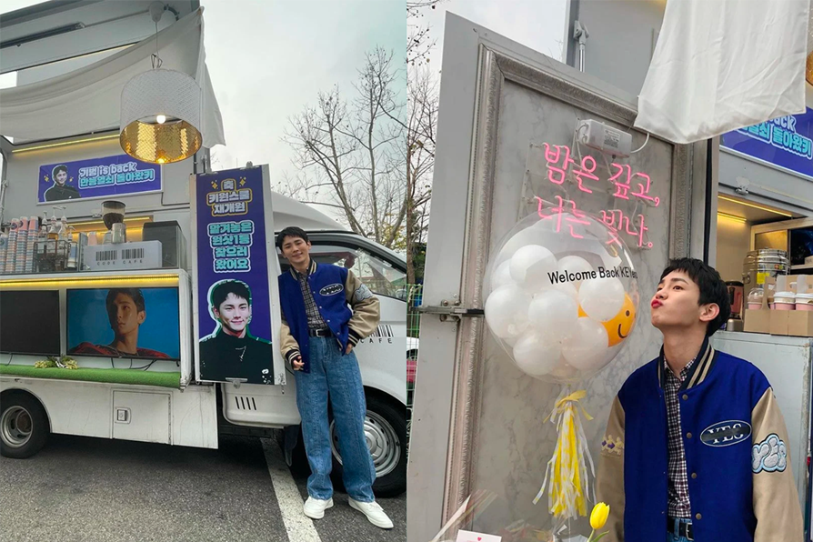 一臺餐車和粉絲拍攝應援活動的場景，車上掛著橫幅