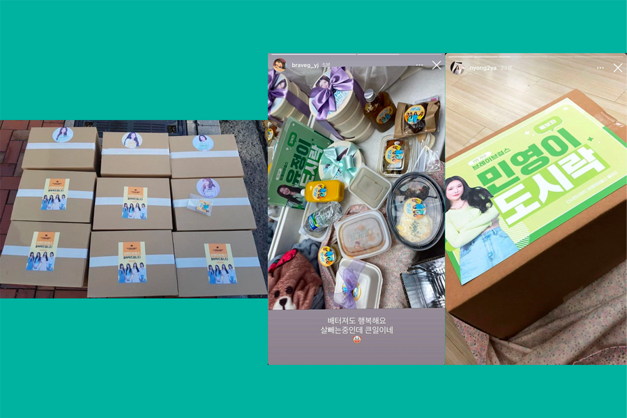 排列整齊的盒裝餐點，並附有鼓勵偶像的標籤