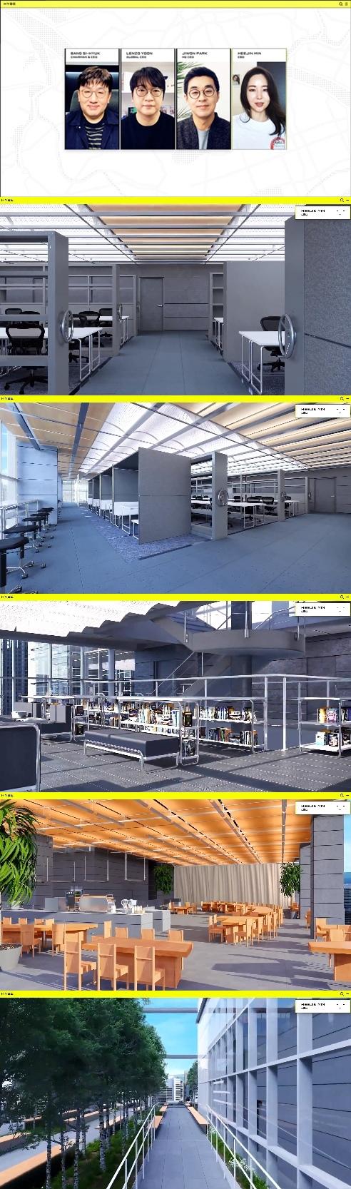 HYBE本社の内装、オープンスペースのキュービクル、自然光が差し込む開放的なオフィス空間。