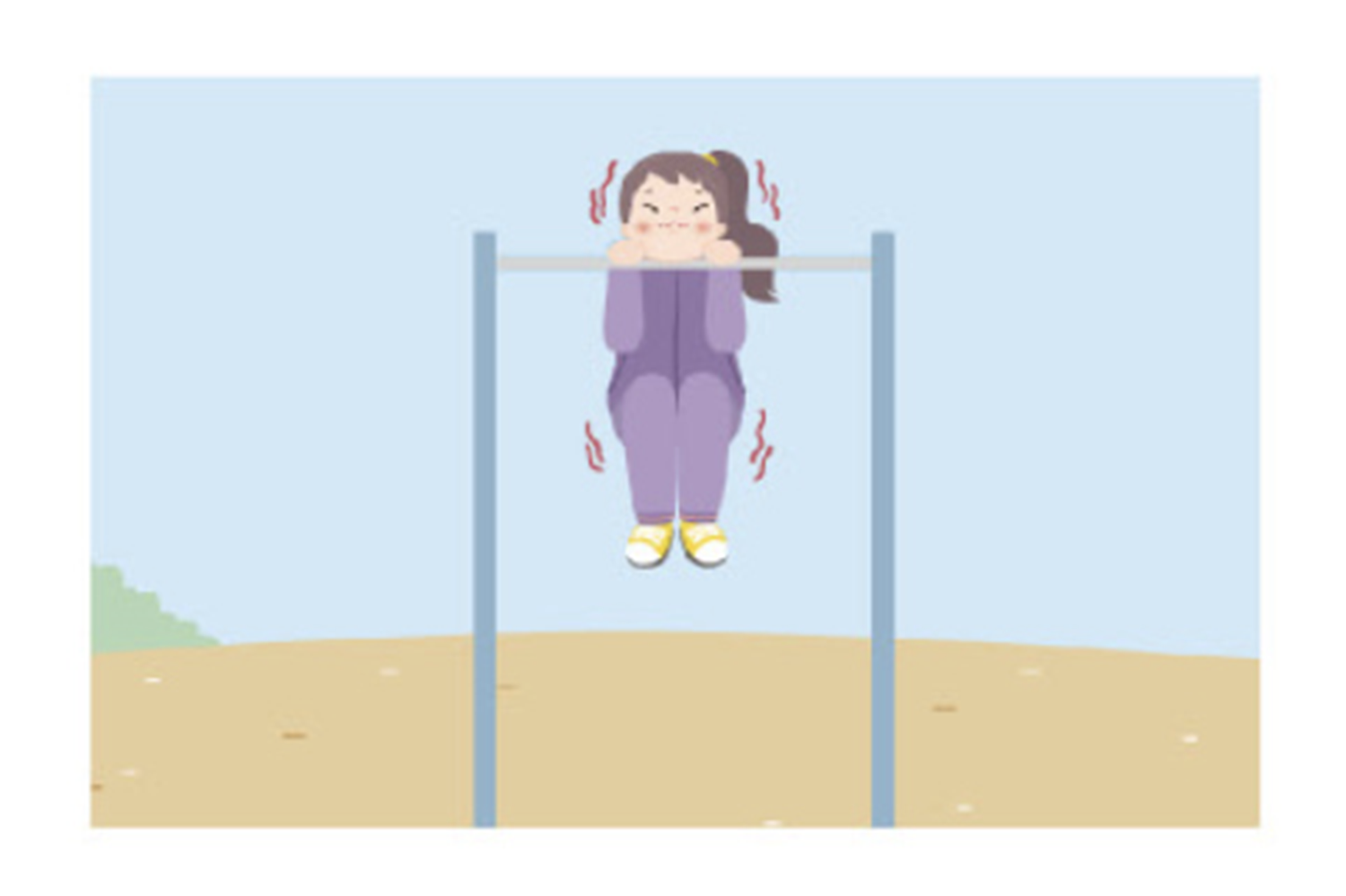 插圖中的學生正在完成單槓懸垂,表達韓國體育課的耐力挑戰。