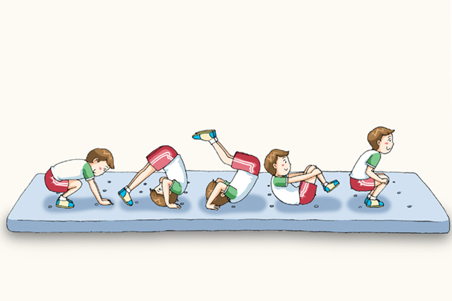 卡通插圖展示向前翻滾的運動技巧,強調動作過程與方法。