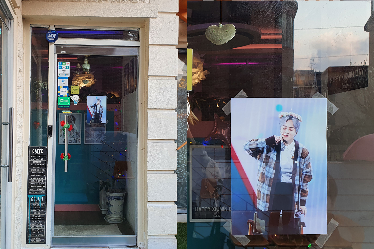서울 마포구에 위치한 Tone&Manner 카페의 입구. XIUMIN 생일이 기념된 포스터가 붙어 있는 모습.