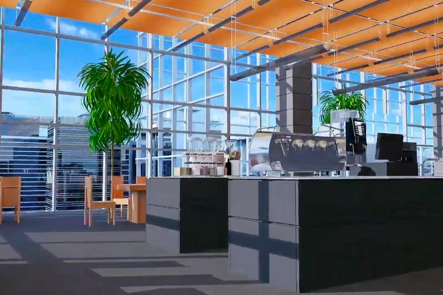 พื้นที่คาเฟ่และสวนบนโครงคาสิโนในอาคารใหม่ของ HYBE ที่ยงซาน มีการออกแบบที่ทันสมัยและพื้นที่สีเขียวในพื้นที่บนอาคาร