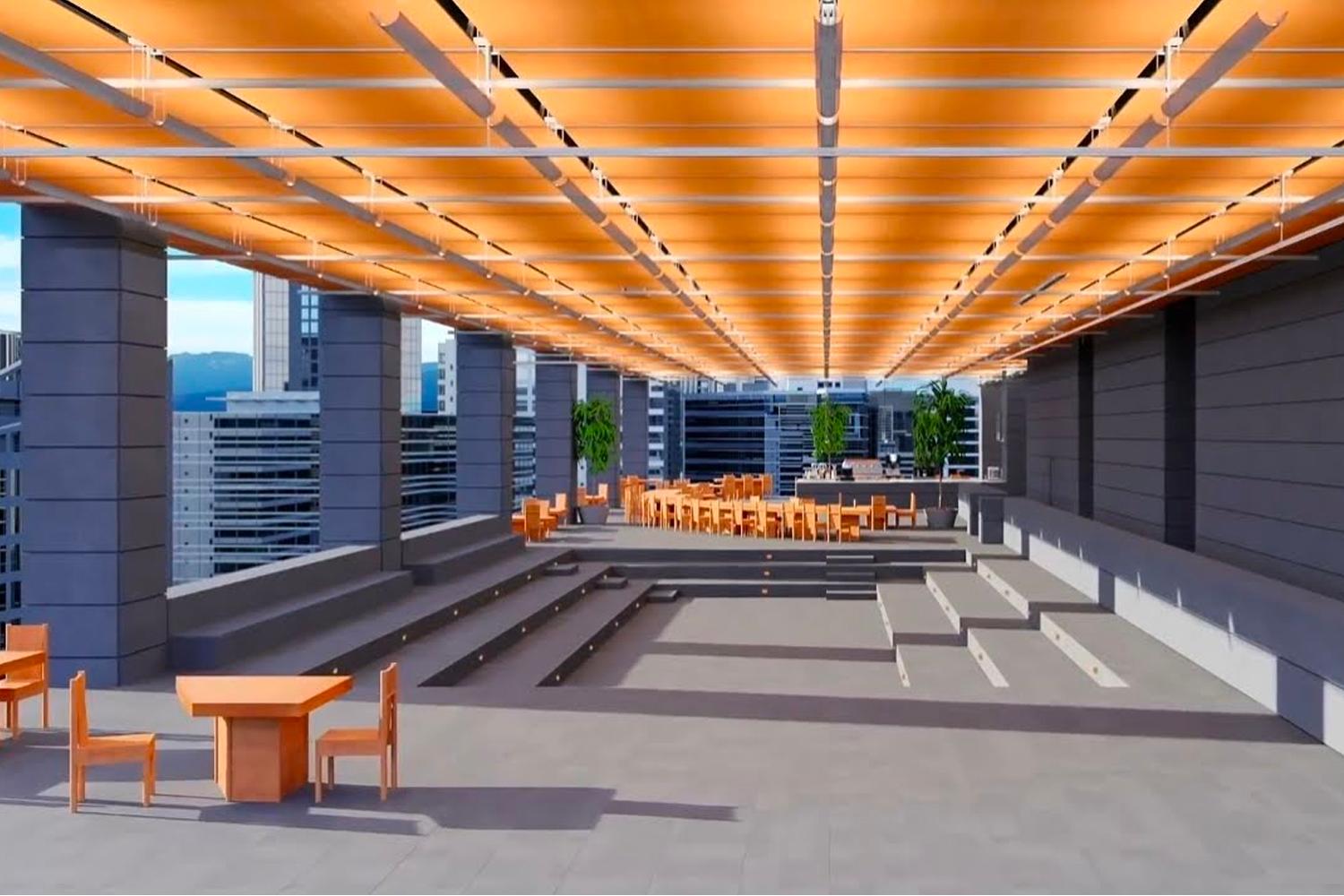 รูปภาพห้องประชุมบนหลังคาของ HYBE ที่ตึกใหม่ในยงซาน แสดงถึงพื้นที่โอเพ่นและพื้นที่สำหรับการแลกเปลี่ยนความคิดสร้างสรรค์