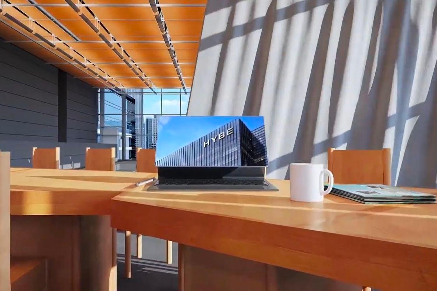 ภาพห้องประชุมในอาคารสำนักงานใหม่ของ HYBE ที่ยงซาน แสดงการตกแต่งภายในที่มีความทันสมัย