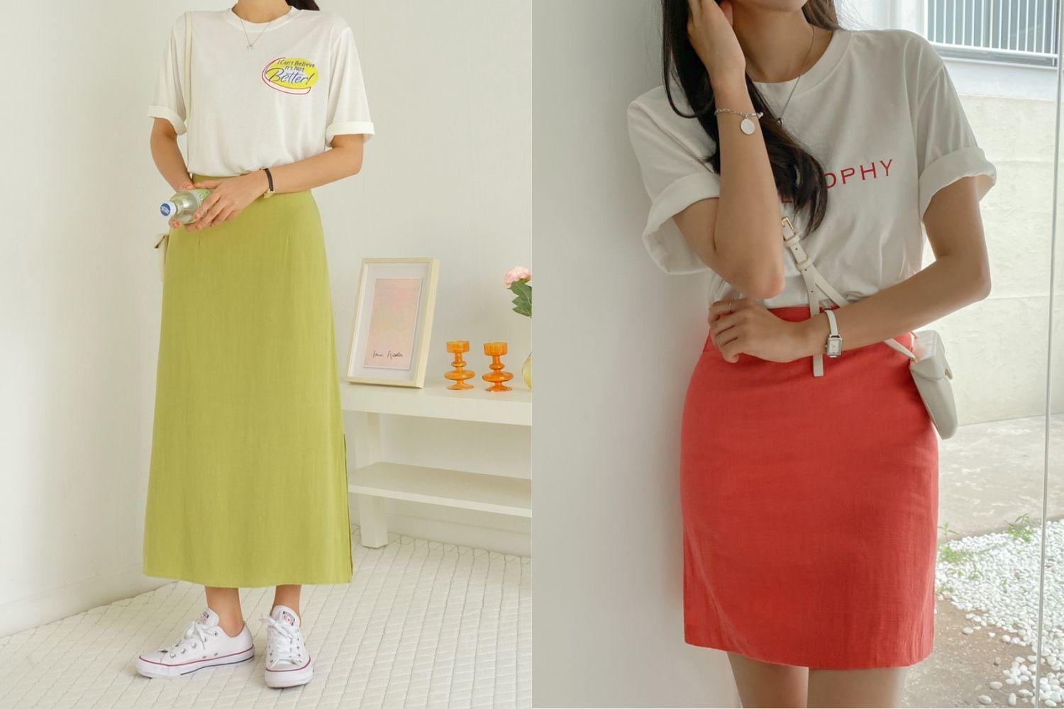 Chân váy đũi xanh và kem phối cùng sandal dây, phong cách thời trang mùa hè thoải mái