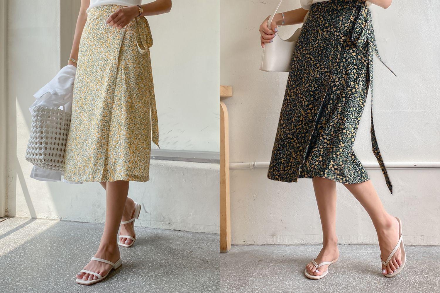 Chân váy quấn hoa tối màu, phong cách thời trang nữ tính và sành điệu