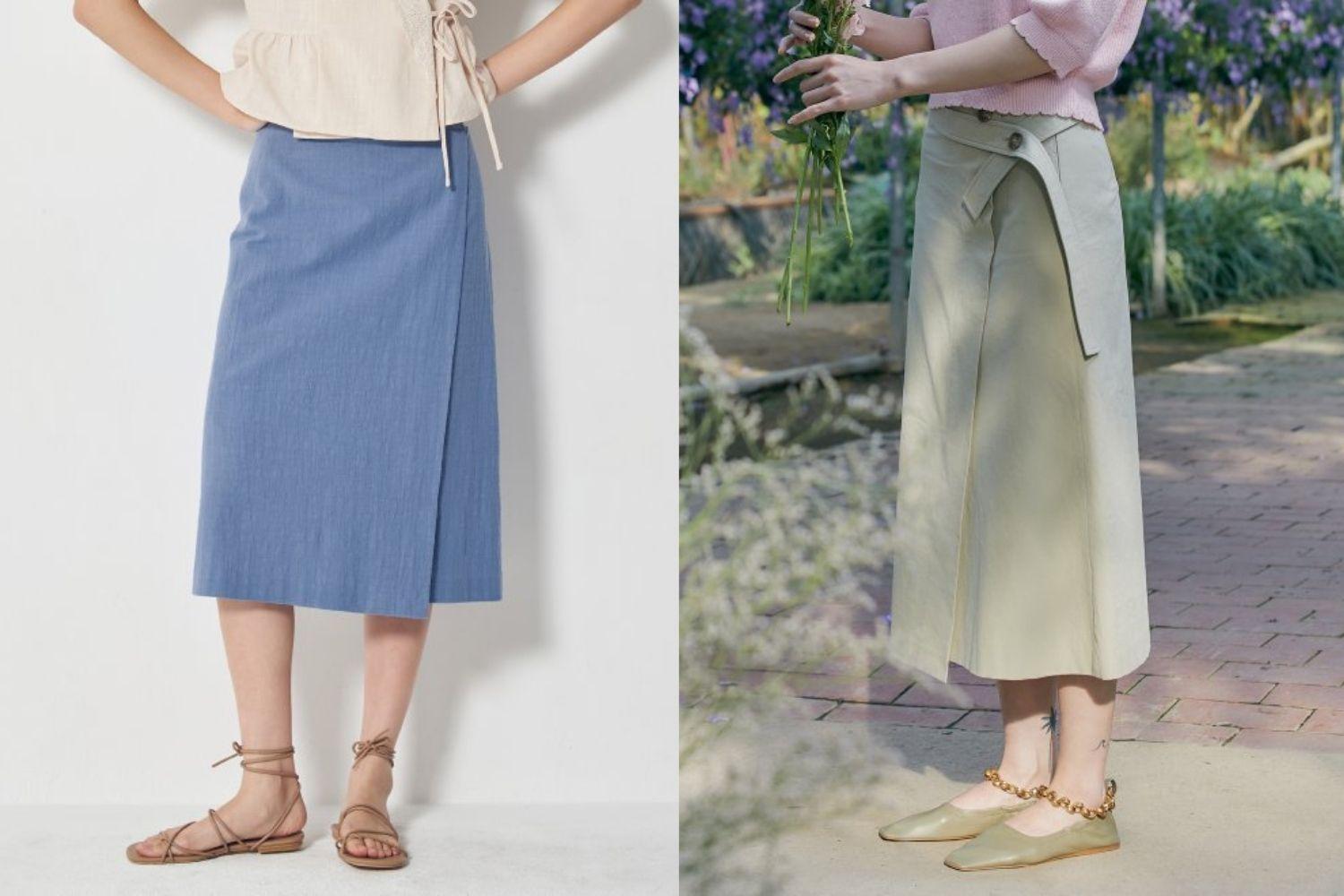 Chân váy đũi quấn hoa vàng nhạt, trang phục lý tưởng cho mùa hè Hàn Quốc