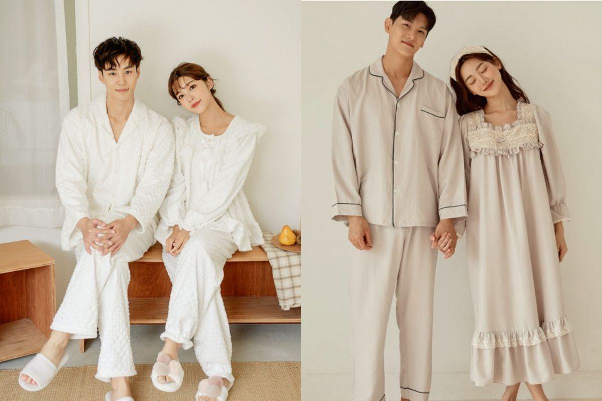 Hai người mặc pajama màu trắng và màu be từ thương hiệu RêveRose. Mẫu thiết kế tối giản nhưng tinh tế, mang lại vẻ thanh lịch và thoải mái cho người mặc.