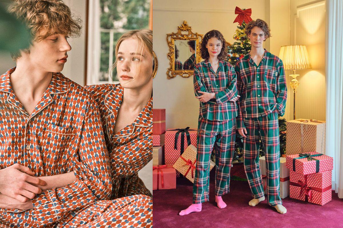 Cặp đôi mặc pajama kẻ caro thương hiệu Ullala Pajamas, một thiết kế nổi bật với dây buộc nơ và bông tuyết, nằm cùng nhau trên giường. Trang phục mang đến cảm giác ấm áp và dễ chịu, thích hợp cho mùa đông.
