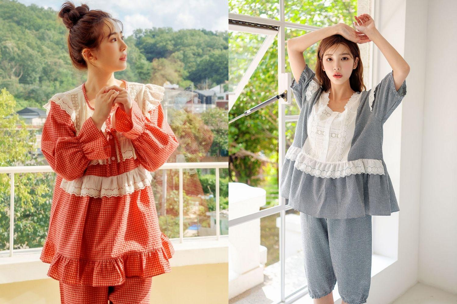 Trang phục mặc nhà của BANIBELLA kẻ caro với chi tiết ren, màu đỏ và xanh, dáng váy rộng với chất liệu thoải mái. Pajamas phù hợp với phong cách đáng yêu và nhẹ nhàng, tạo cảm giác thư giãn. Bộ đồ ngủ cao cấp của Hàn Quốc dành cho nữ giới.