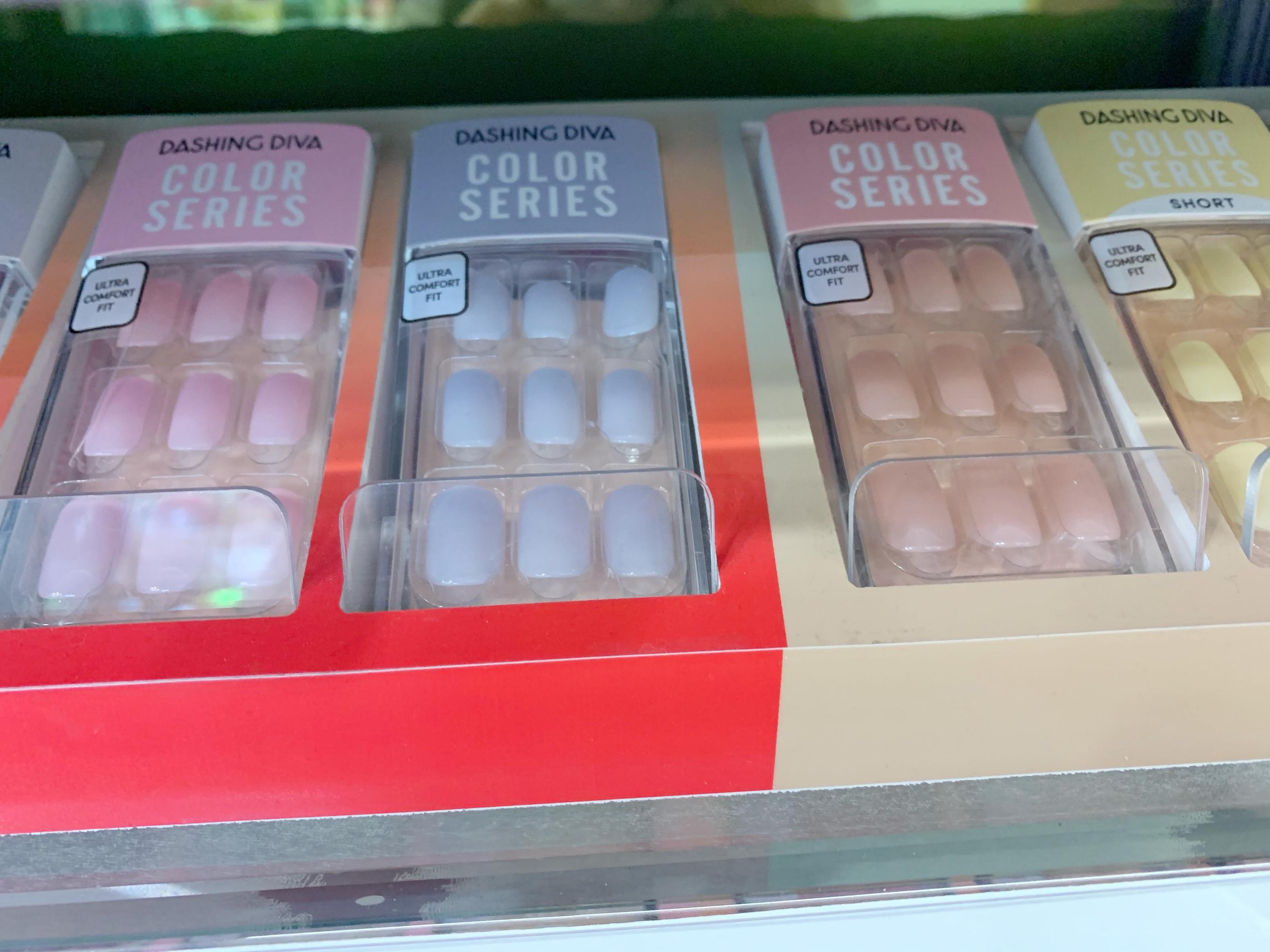 dashing diva color series press-on nails in pink, purple, and yellow at olive young