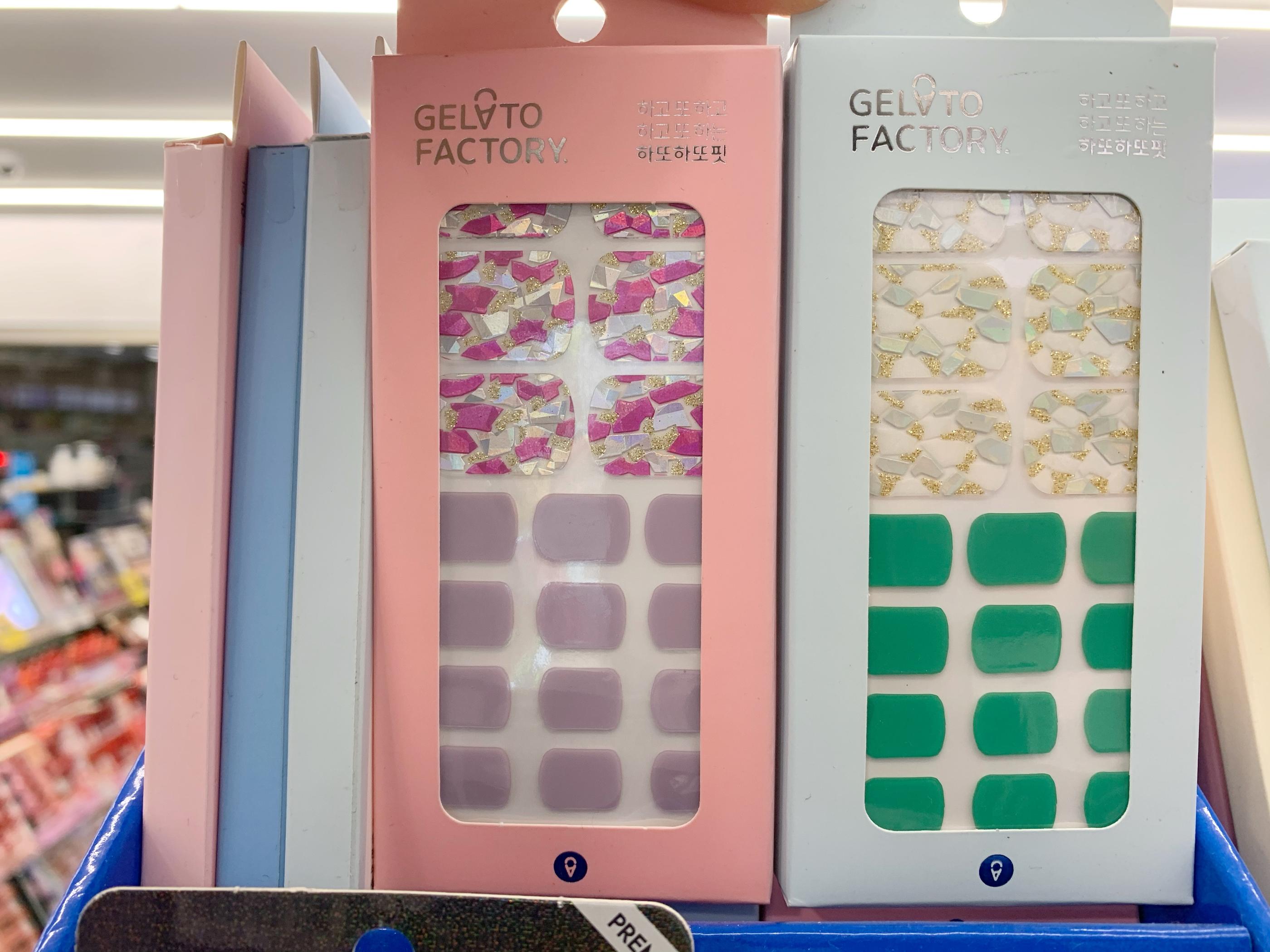 gelato factory nail sticker at olive young, one pink toned, another blue/green tone both with confetti pattern