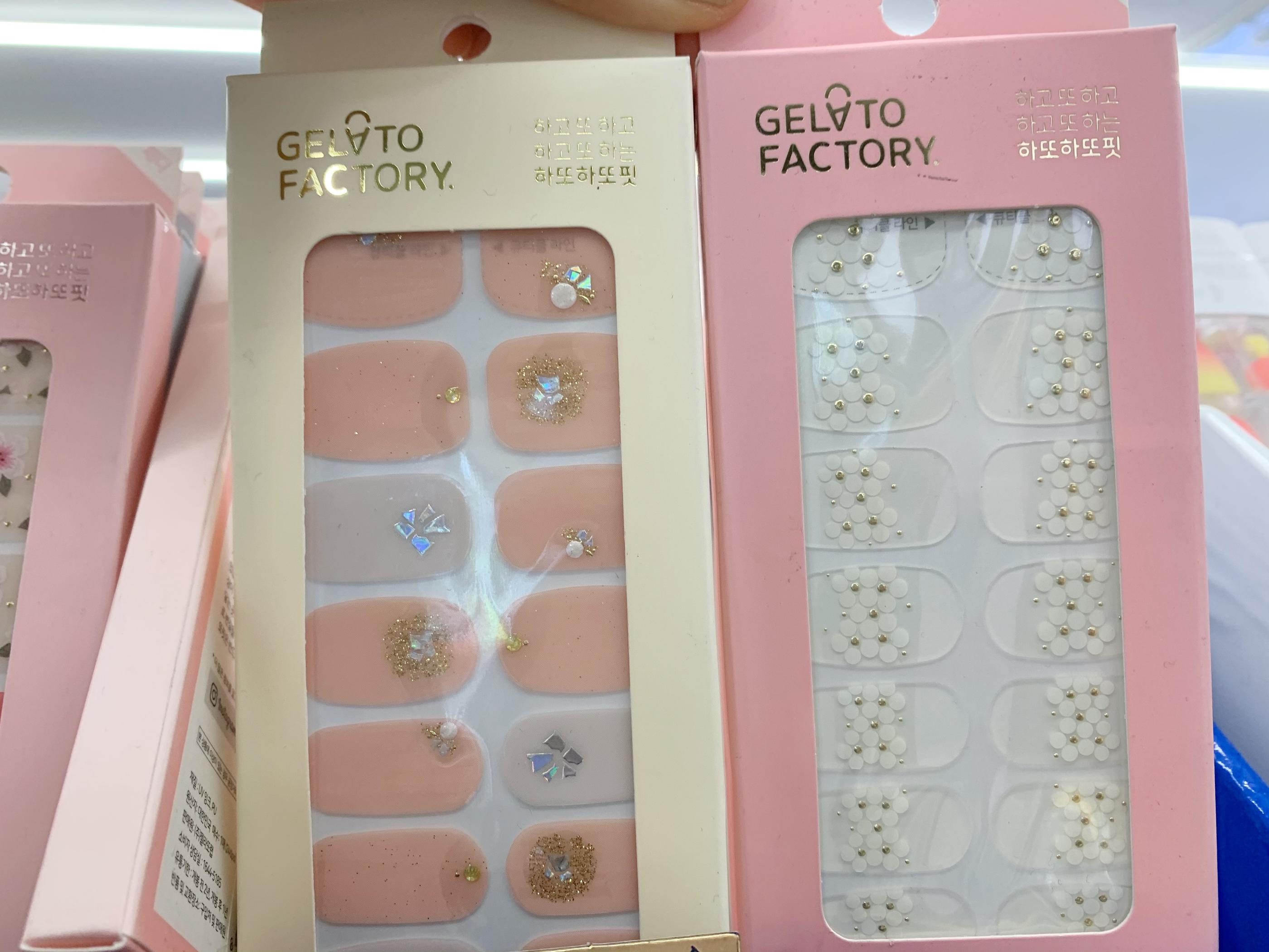 gelato factory nail stickers with embossed jewels at olive young. one pink toned, another with white flowers