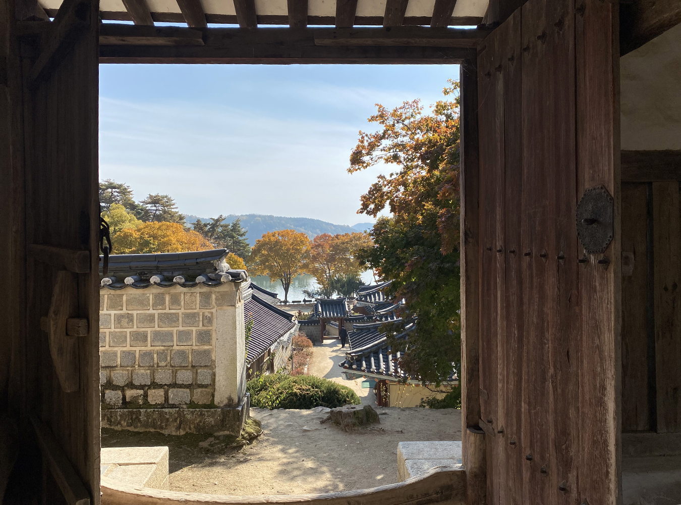 Dosan Seowon looking towards the yellow foliage trees through the door