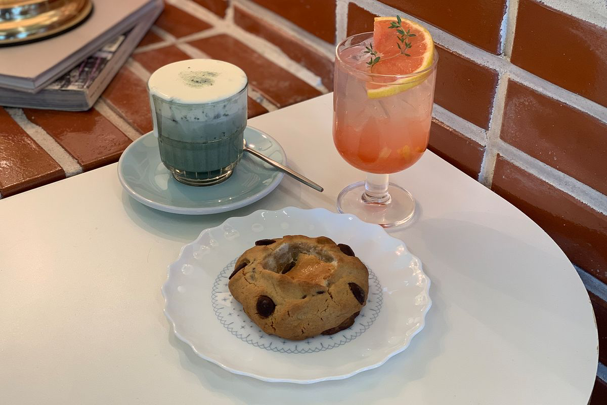 cafe birkin desserts and drinks on a white table