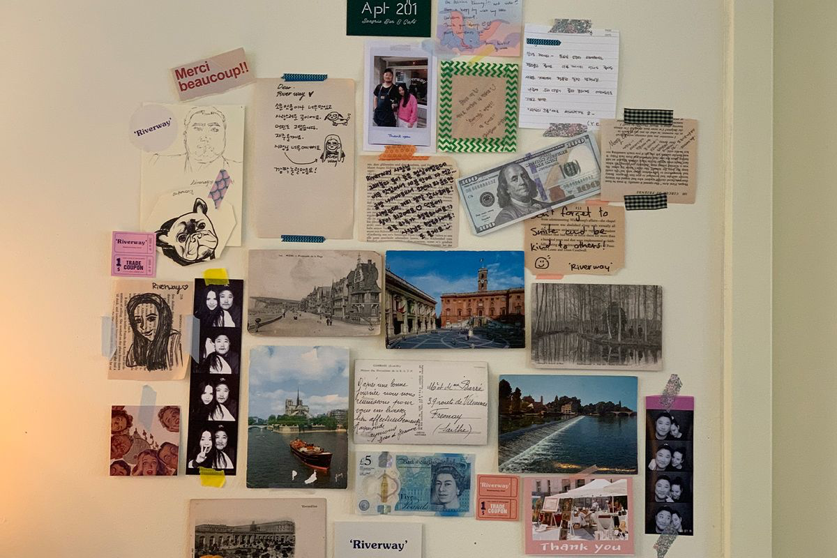 Riverway cafe wall decoration travel photos and tickets