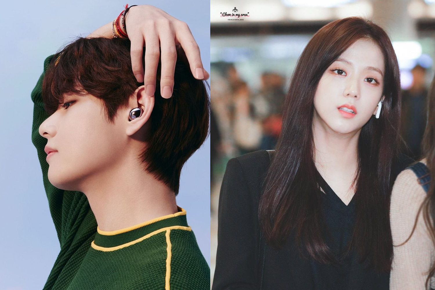 BTS V and Blackpink Jisoo wearing wireless earphones