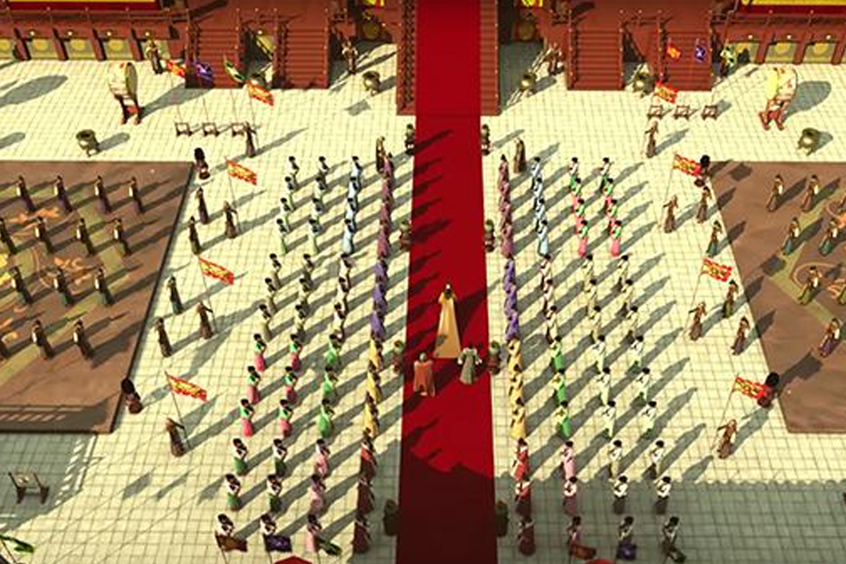 一个庄重的考试场景，众多考生穿着华丽的传统服饰聚集在一起准备考试。