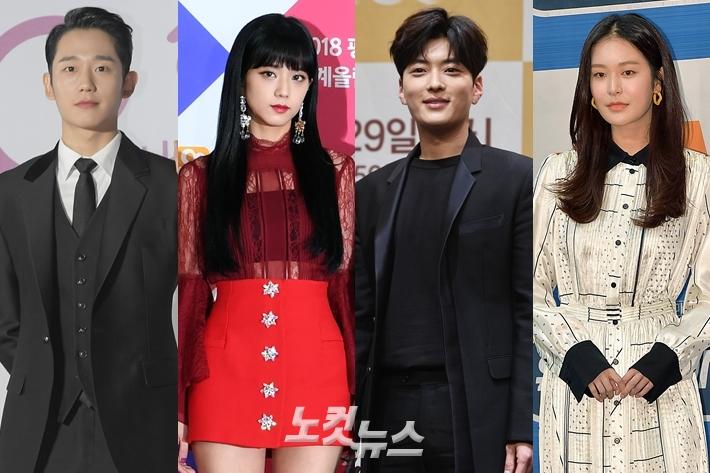 韓国ドラマ『雪降花』の主要キャスト、俳優チョン・ヘイン、ジス、チャン・スンジョ、チョン・ユジンの衣装とポーズ。