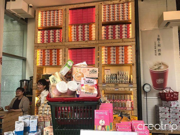 Interior of TAIWAN CAFE displaying a variety of Taiwanese snacks in Seoul's Gangnam area.