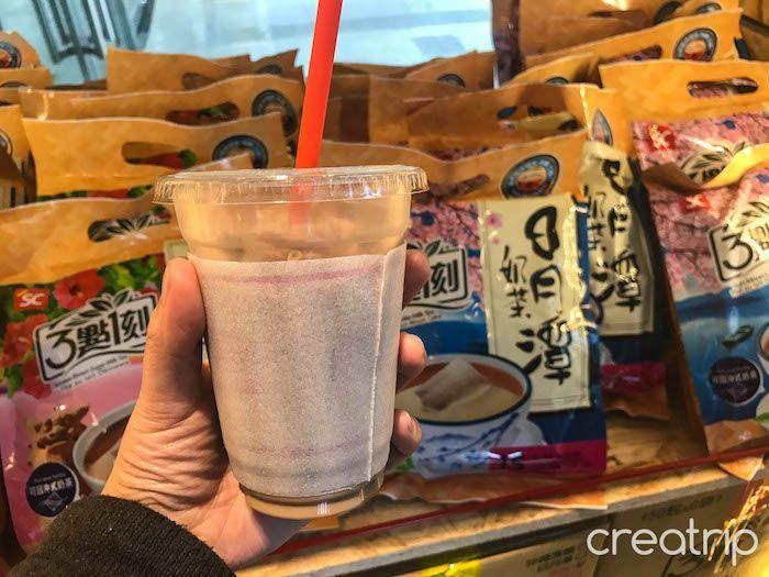 Refrigerator stocked with bottles of 3點一刻 milk tea at TAIWAN CAFE in Gangnam, Seoul.