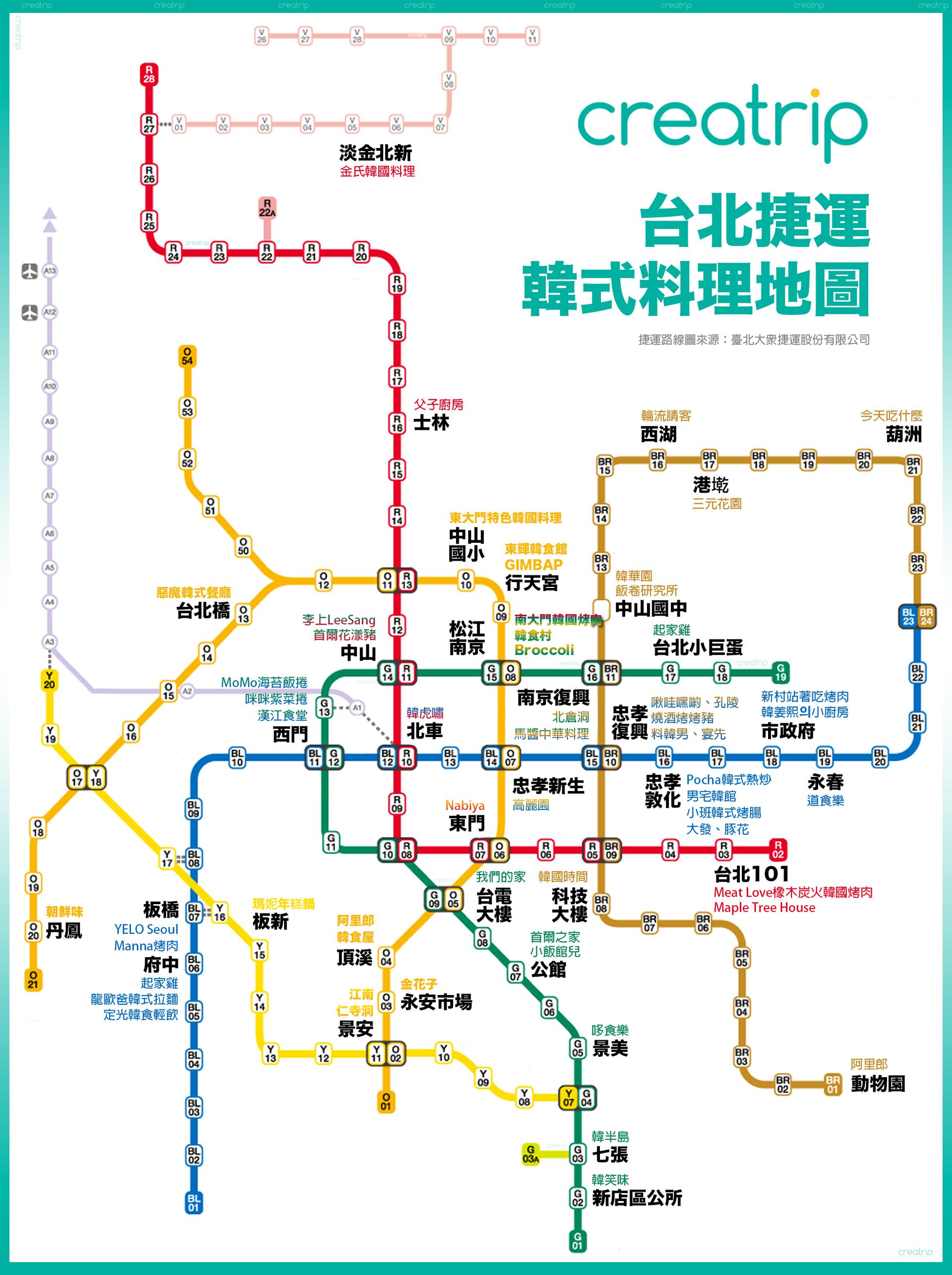 臺北捷運地圖上顯示了各地推薦的韓式餐廳位置，以幫助遊客及本地居民在享受美味的韓式料理時找到最便捷的交通路線。這張地圖特別適合那些熱愛韓國美食的遊客，瞭解如何利用臺北捷運系統輕鬆訪問這些餐廳。