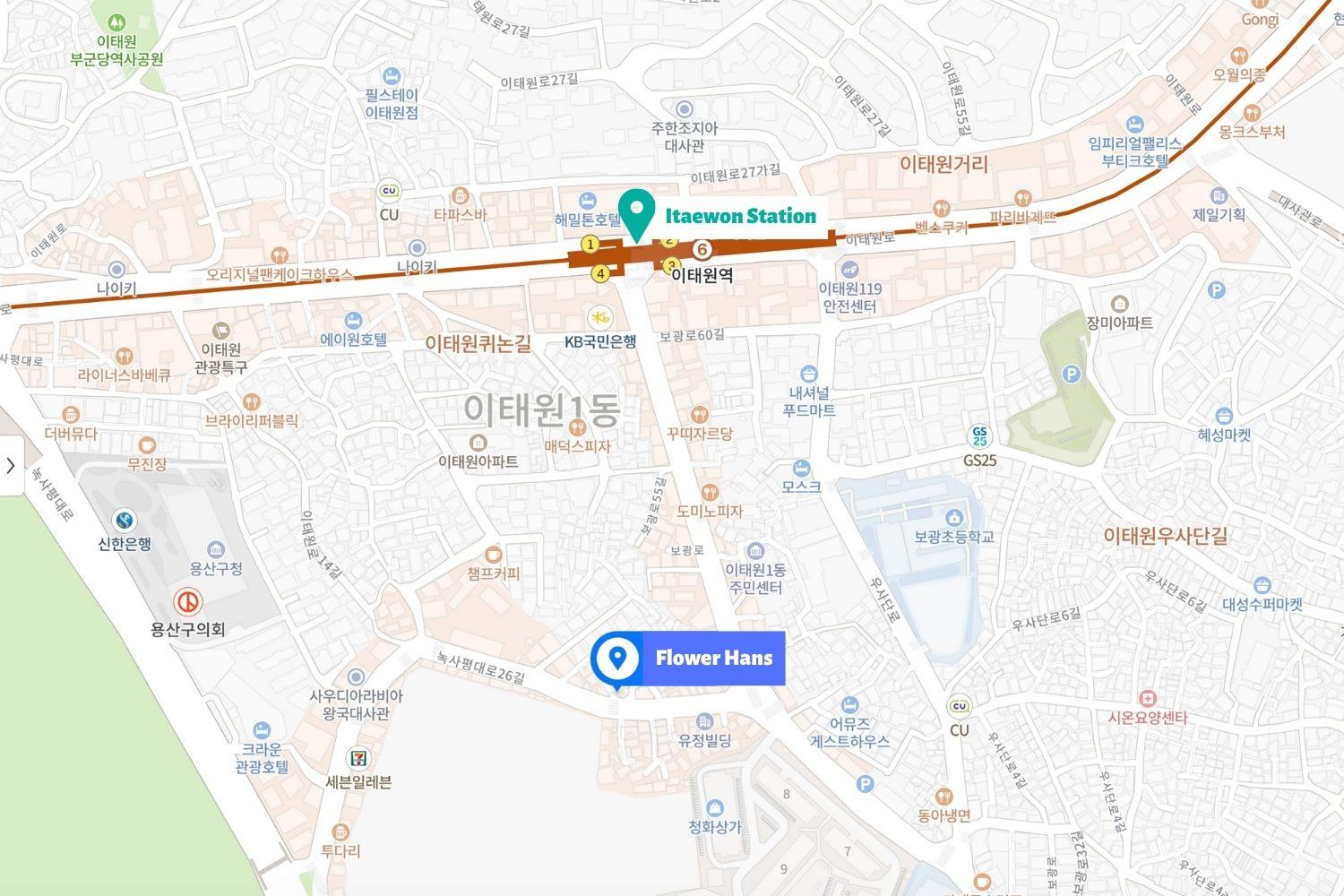 แผนที่ร้าน Flower Hans (플라워한스) อิแทวอน