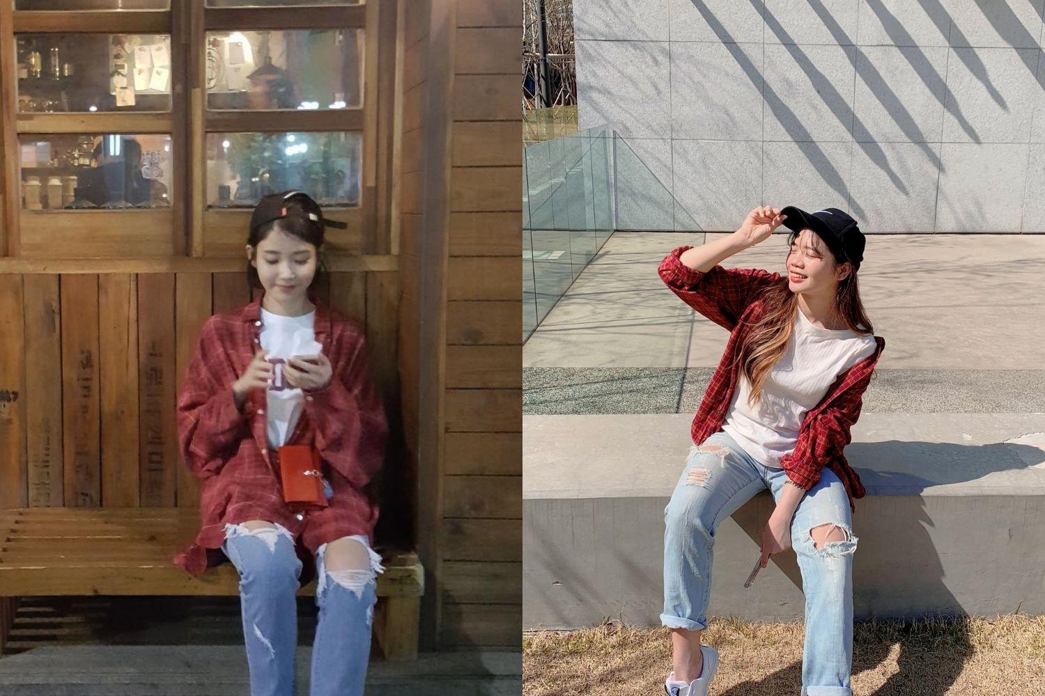 recreating IU red plaid shirt outfits