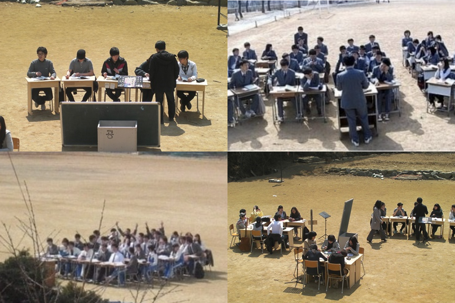 ห้องเรียนของนักเรียนที่ถูกย้ายไปยังสนามกลางแจ้งสำหรับวันโกหกเพื่อเซอร์ไพรส์ครู