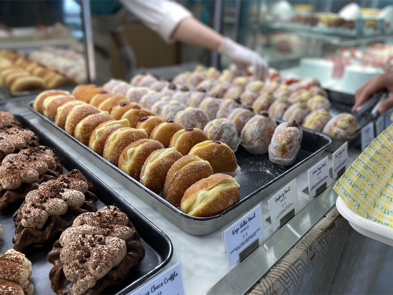 donuts on display at cafe knotted in samseong-dong, seoul