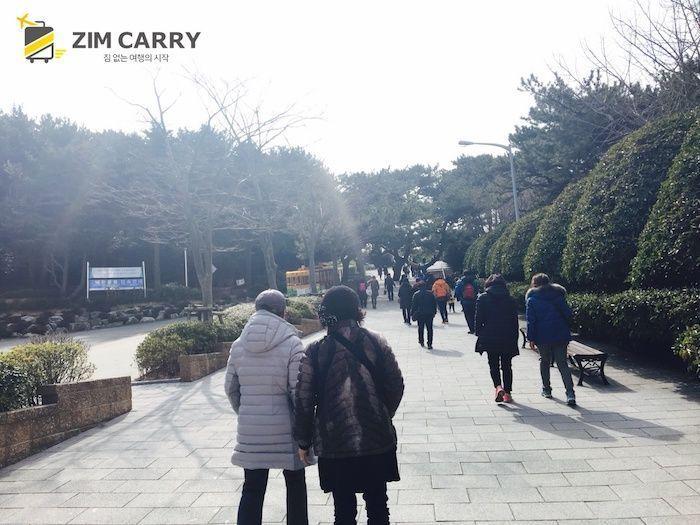 太宗臺公園入口，春日的陽光灑在步行者的身上。