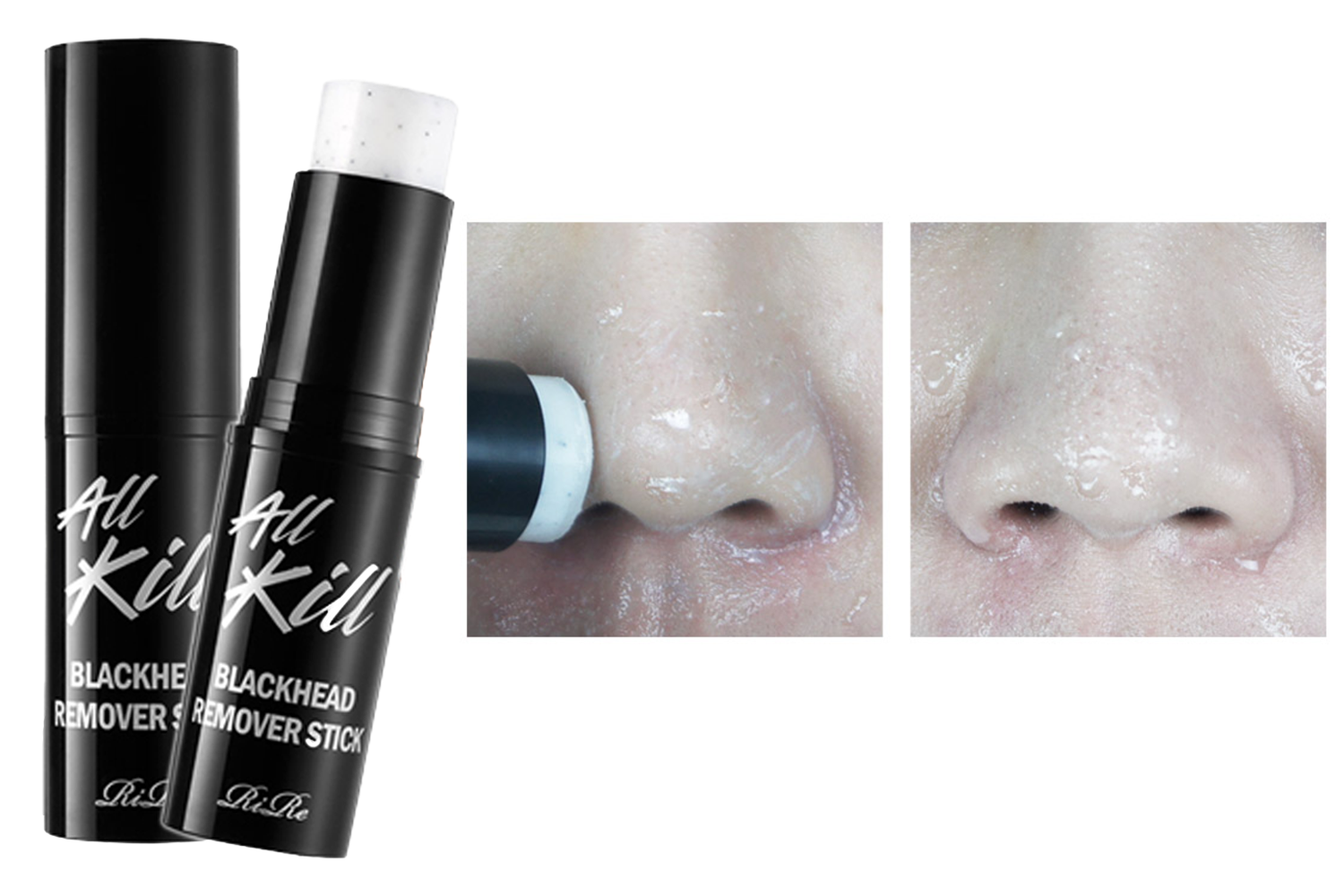 ibeauty lab的黑頭卸妝棒及使用效果展示，展示鼻部黑頭清潔前後的對比。