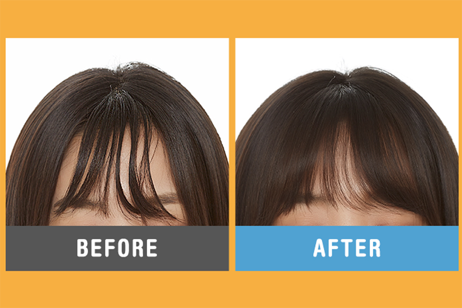 使用어퓨劉海濕紙巾後，劉海在使用前後的效果對比圖，顯示出清爽有型的結果。