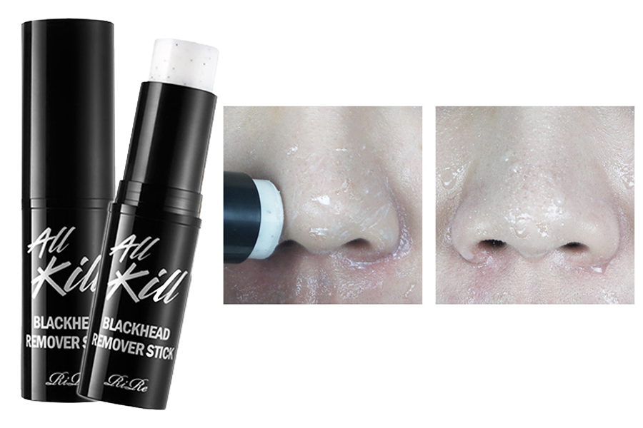 All Kill黑頭清潔棒產品與其應用於鼻子時的效果展示，特別是黑頭去除前後的比較。
